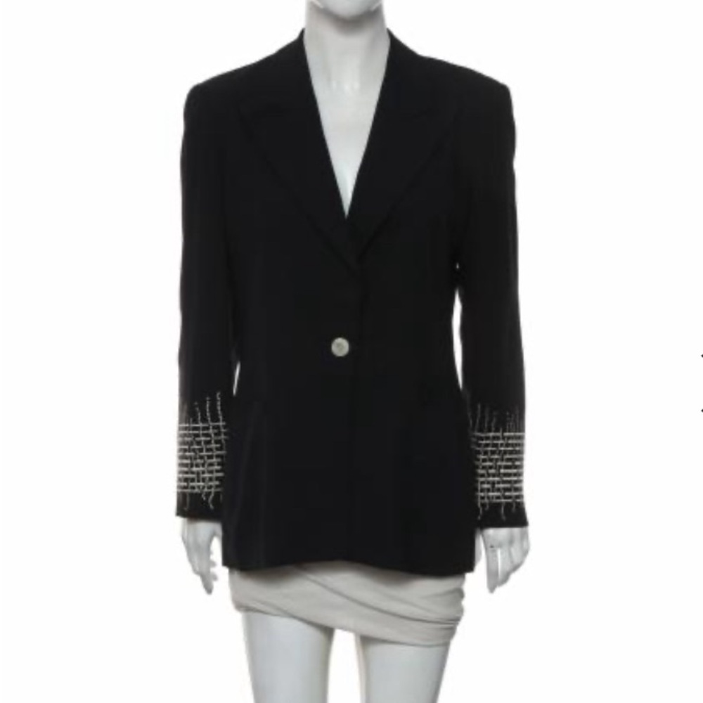 ESCADA by Margaretha Ley Deep Navy/Black Wool Blazer Embroidered Sleeves Sz: 38